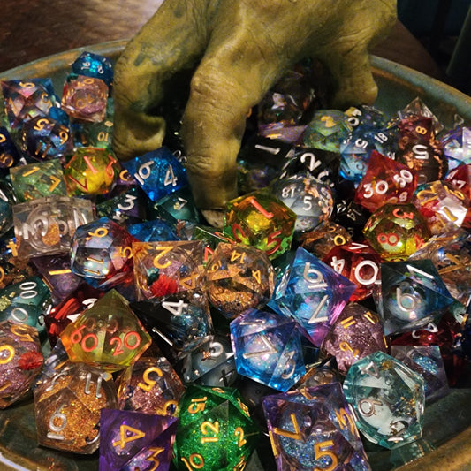 Mystery Sharp Resin DnD Dice Set | Glitter, Swirls, Liquid Core | TTRPG Gift