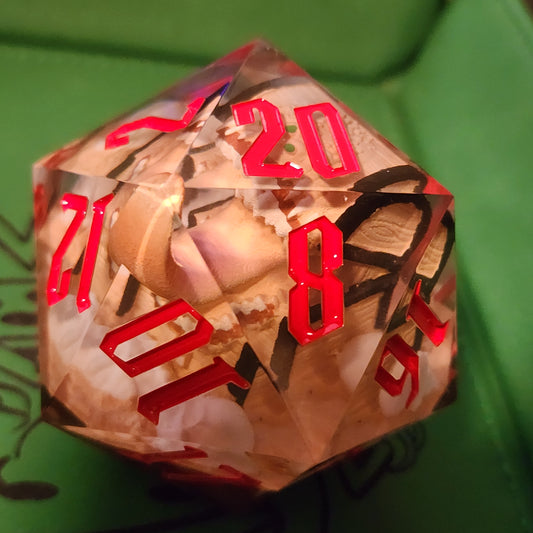 Mimic D20 with red numbering and a toothy treasure chest visible inside