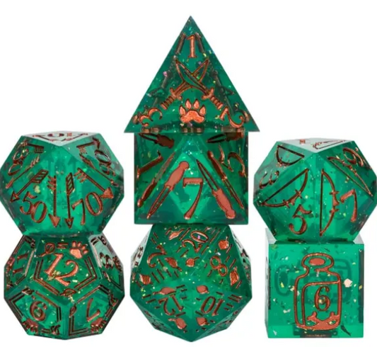 Seven green ranger-druid sharp resin dice with copper-colored designs