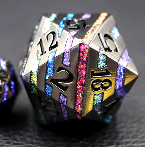 Silver/Rainbow - Clan Prismvein striped 33mm metal D20 Chonk