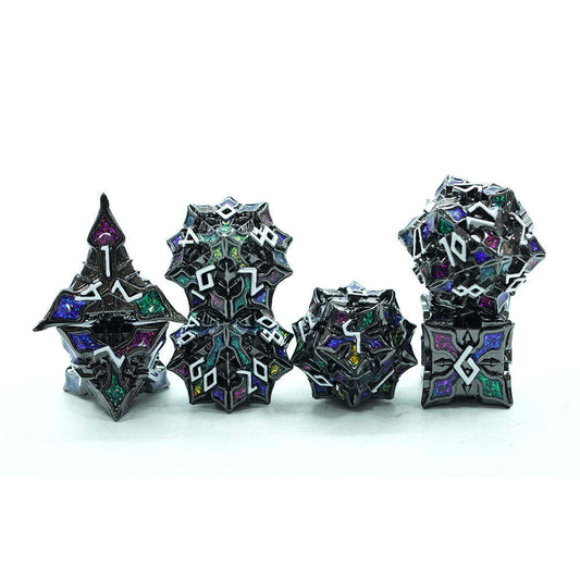 Jeweled Keep seven-piece dark metal dice set with multicolored sparkling details, view 1