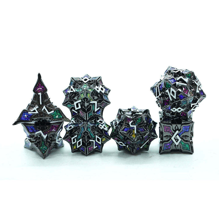 Jeweled Keep seven-piece dark metal dice set with multicolored sparkling details, view 1