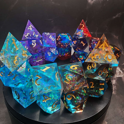 Mystery Sharp Resin DnD Dice Set | Glitter, Swirls, Liquid Core | TTRPG Gift