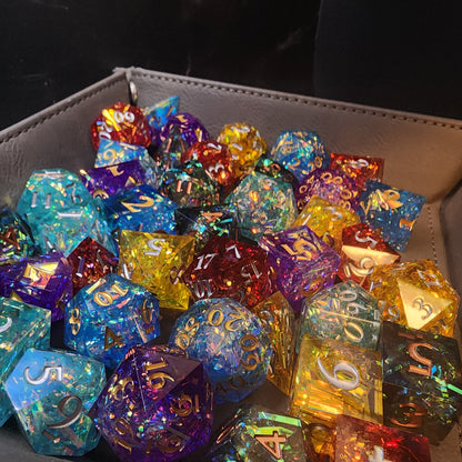 Mystery Sharp Resin DnD Dice Set | Glitter, Swirls, Liquid Core | TTRPG Gift