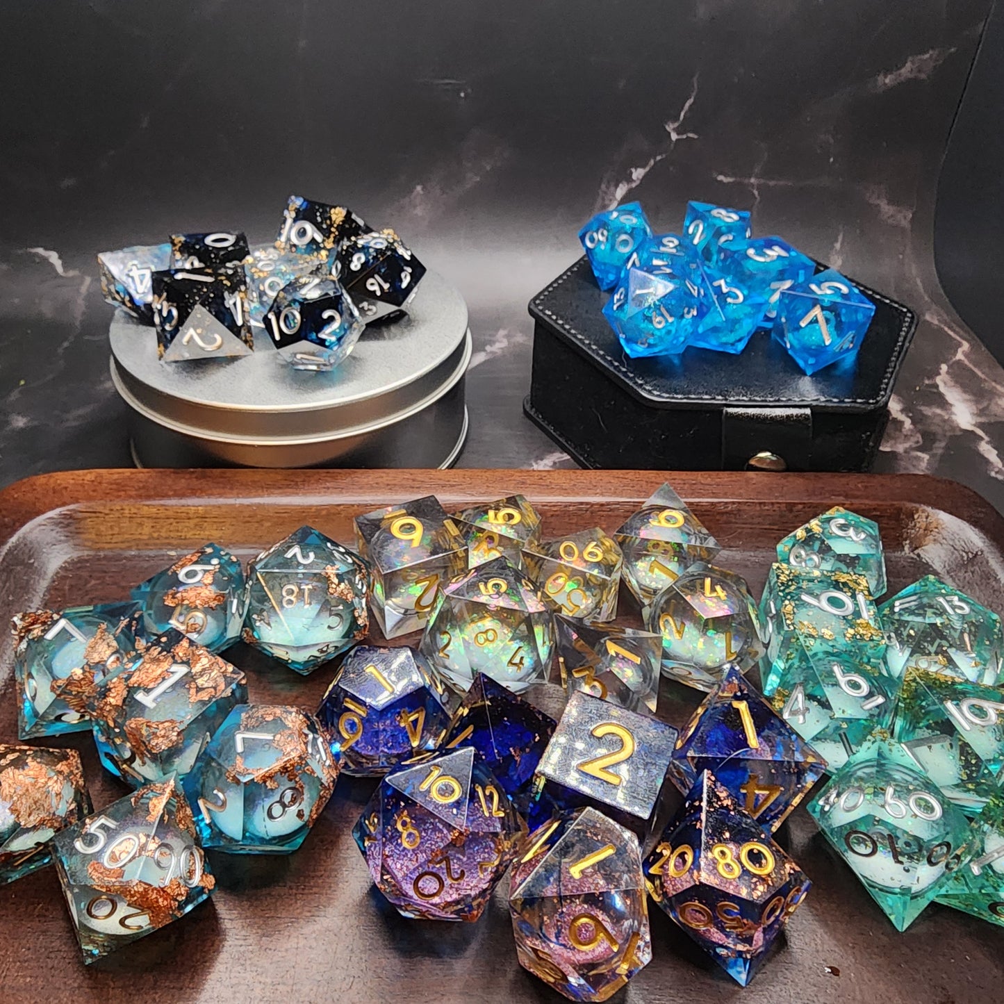 Mystery Sharp Resin DnD Dice Set | Glitter, Swirls, Liquid Core | TTRPG Gift