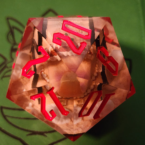 Front view of the mimic’s open mouth and tongue inside the transparent D20