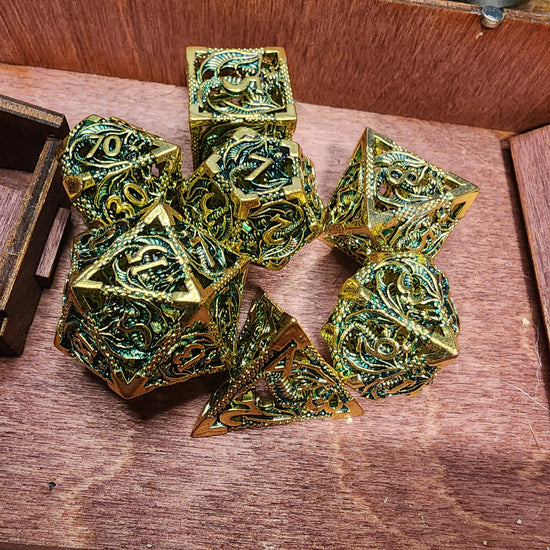 Gold and green seven-piece hollow metal dragon dice set