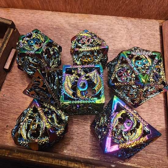 Rainbow-finish seven-piece hollow metal dragon dice set