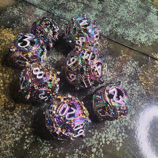 Rainbow hollow metal dice set with multicolored finish