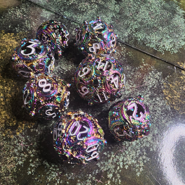 Rainbow hollow metal dice set with multicolored finish