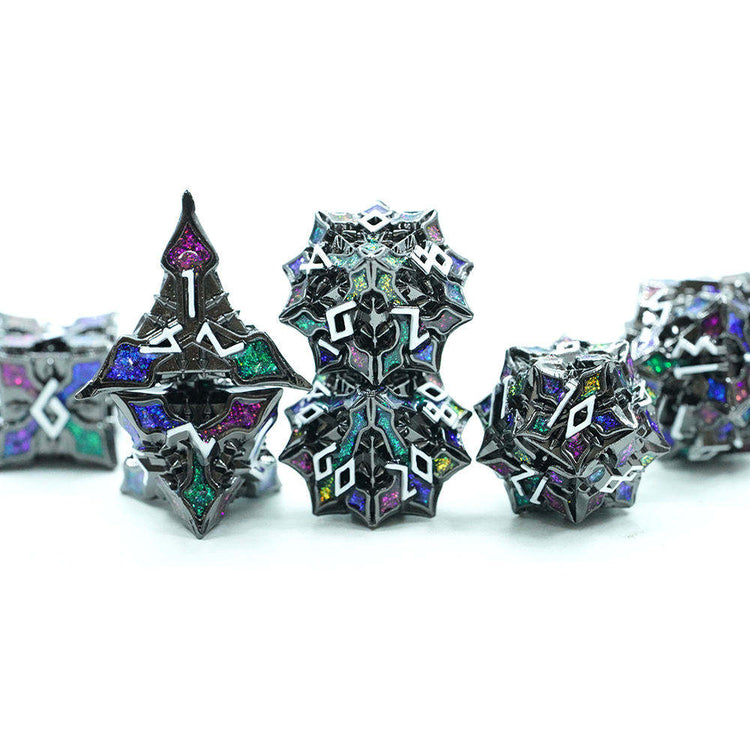 Jeweled Keep seven-piece dark metal dice set with multicolored sparkling details, view 2