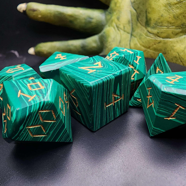 Malachite Gemstone RPG Dice Set | Hand Carved Green Gemstone Dice