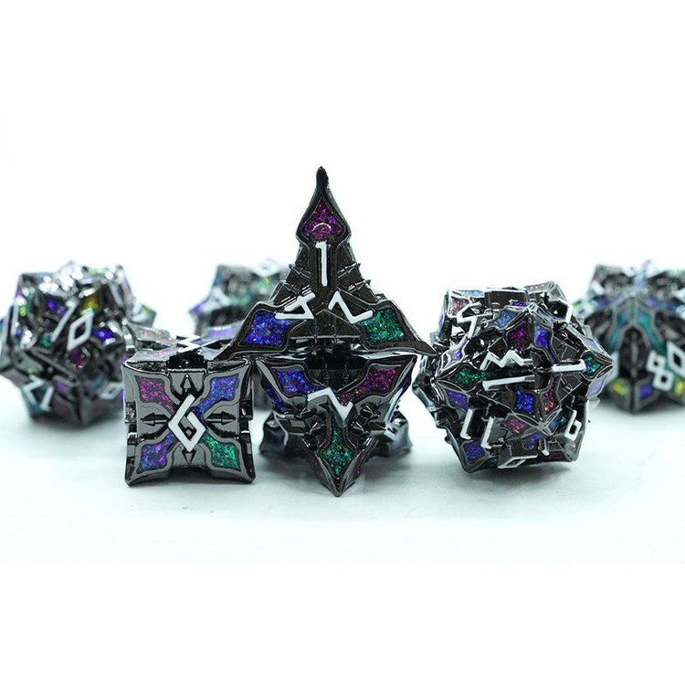 Jeweled Keep seven-piece dark metal dice set with multicolored sparkling details, view 3