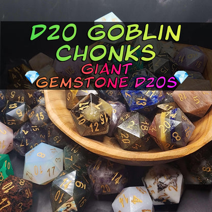 Giant Gemstone D20 Dice | Hand-Carved Crystal RPG Chonk | D20 DnD Polyhedral | Free Loot