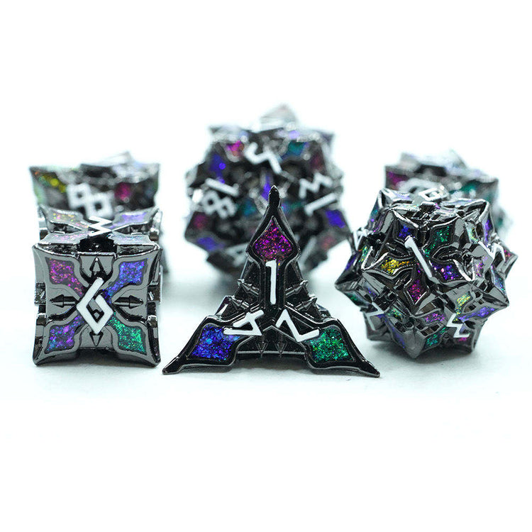 Jeweled Keep seven-piece dark metal dice set with multicolored sparkling details, view 4
