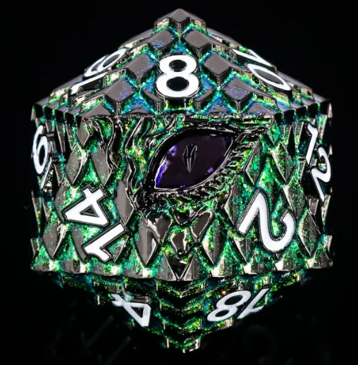 Black/Green - Verdant Watcher 33mm dragon-eye metal D20 Chonk