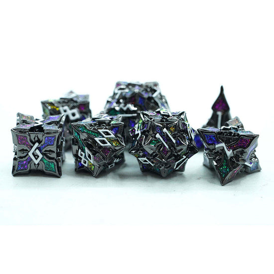 Jeweled Keep seven-piece dark metal dice set with multicolored sparkling details, view 5