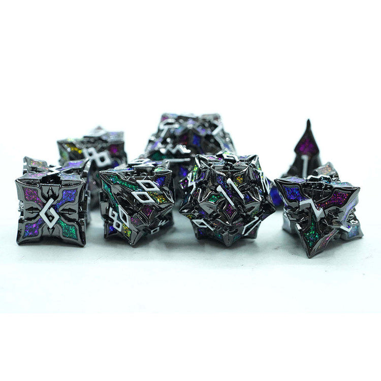 Jeweled Keep seven-piece dark metal dice set with multicolored sparkling details, view 5