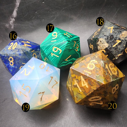 Giant Gemstone D20 Dice | Hand-Carved Crystal RPG Chonk | D20 DnD Polyhedral | Free Loot