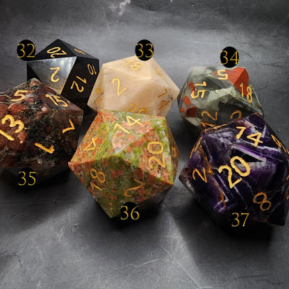 Giant Gemstone D20 Dice | Hand-Carved Crystal RPG Chonk | D20 DnD Polyhedral | Free Loot