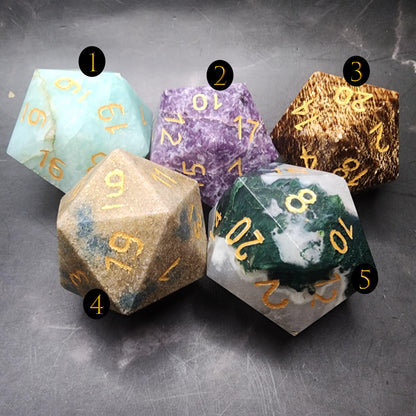 Giant Gemstone D20 Dice | Hand-Carved Crystal RPG Chonk | D20 DnD Polyhedral | Free Loot