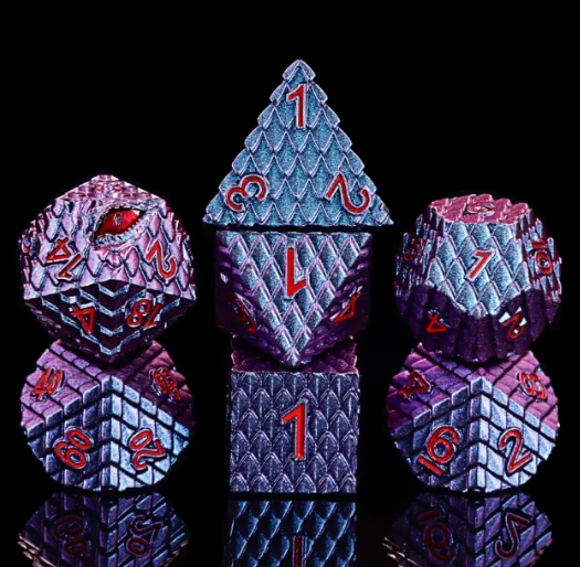 Veyrath, the Twilight Watcher Dark Blue with Purple Shimmer seven-piece metal dragon scale dice set with dragon-eye D20