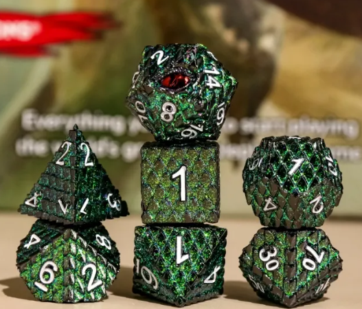 Mosskar, the Rootbound Dark Green seven-piece metal dragon scale dice set with dragon-eye D20