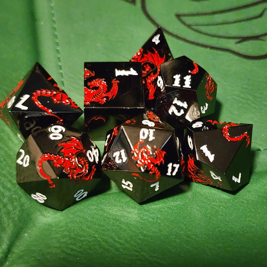 Dark gunmetal and red dragon emblem seven-piece metal dice set