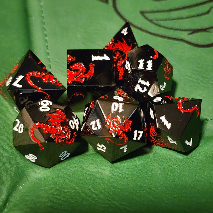Dark gunmetal and red dragon emblem seven-piece metal dice set