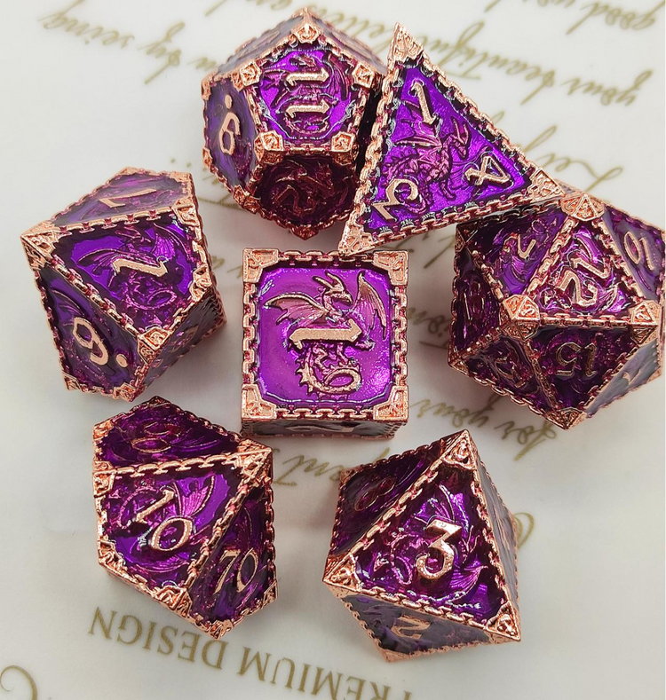 Magenta and copper Dragon Totem seven-piece metal dice set