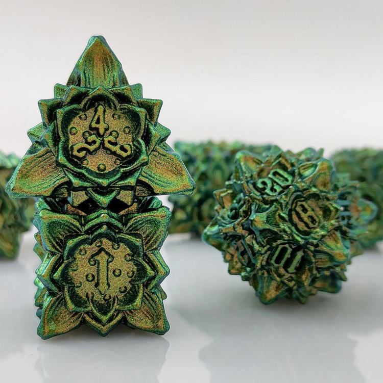 Lotus Flower seven-piece metal dice set in Jungle Green