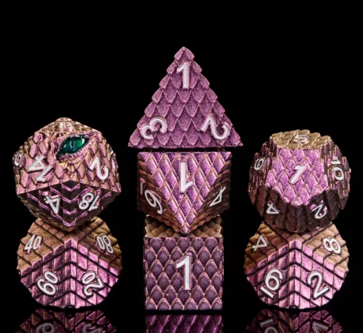 Velithra, the Velvet Menace Lavender seven-piece metal dragon scale dice set with dragon-eye D20