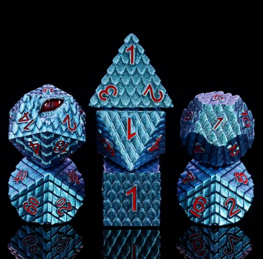 Iskaryn, the Winter Vigil Light Blue seven-piece metal dragon scale dice set with dragon-eye D20