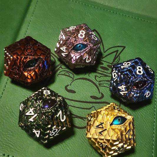 Hoard Watchers 33mm dragon-eye metal D20 Chonks in five finishes