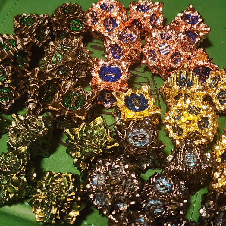 Lotus Flower seven-piece metal dice sets in five finishes