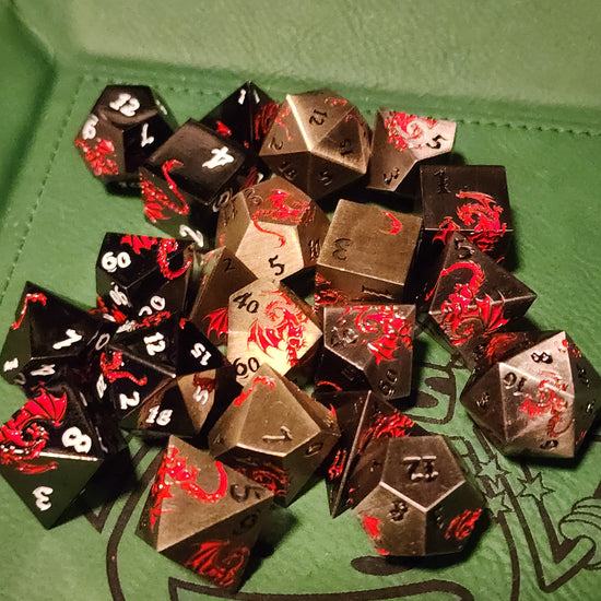Dragon emblem seven-piece metal dice sets in three finishes