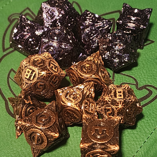 Dystopia seven-piece metal RPG dice sets in two finishes