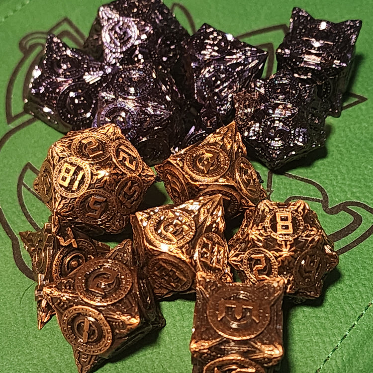 Dystopia seven-piece metal RPG dice sets in two finishes
