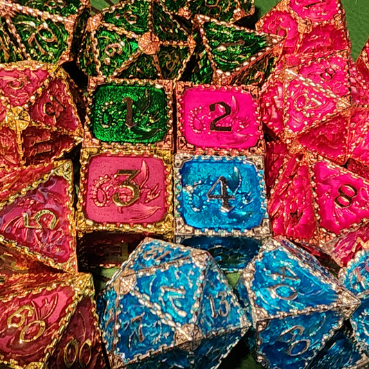 Dragon Totem seven-piece metal dice sets in four colorful finishes