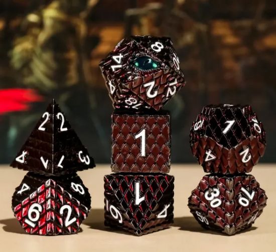 Rhazek, the Cinder Crown Red seven-piece metal dragon scale dice set with dragon-eye D20