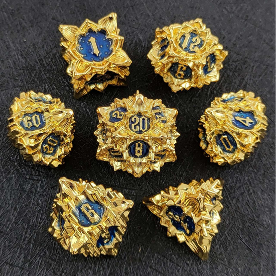Lotus Flower seven-piece metal dice set in Royal Blue
