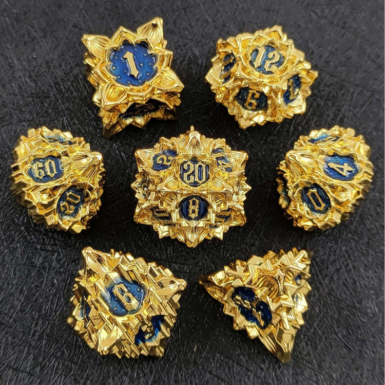 Lotus Flower seven-piece metal dice set in Royal Blue