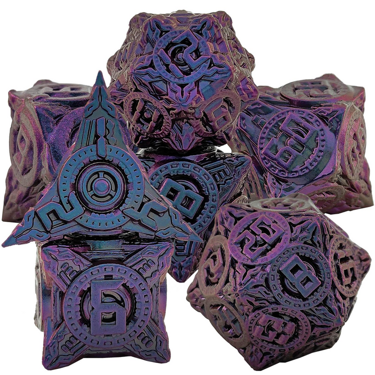 Purple and blue Secret Purple Dystopia metal dice set