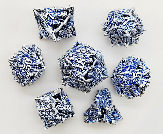 Silver and blue seven-piece spiky metal dragon dice set