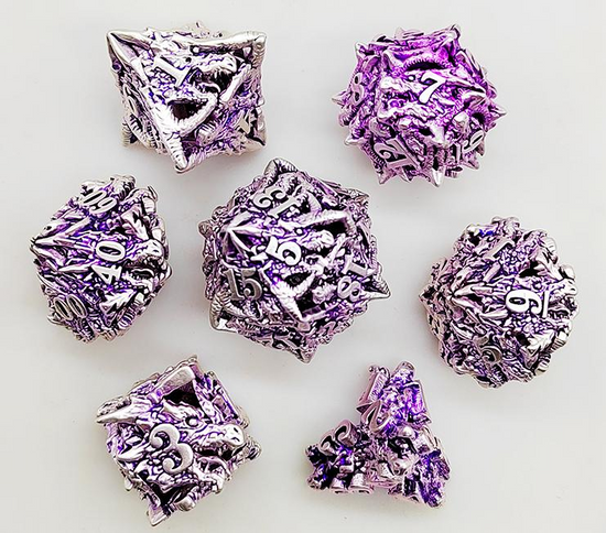 Silver and purple seven-piece spiky metal dragon dice set