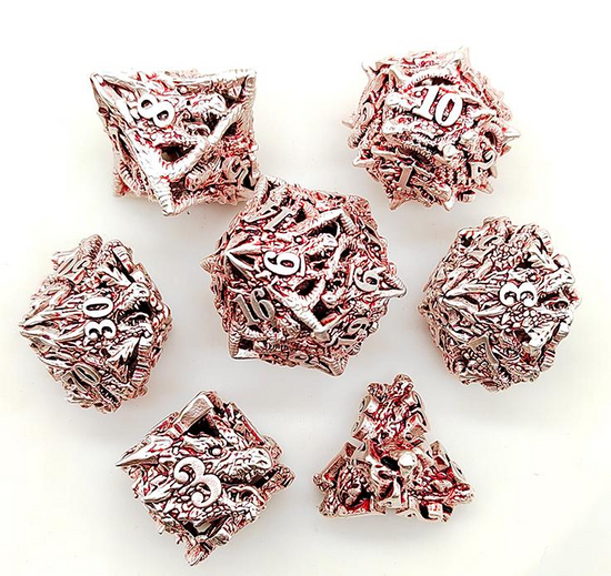 Silver and red seven-piece spiky metal dragon dice set