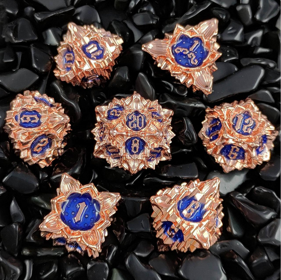 Lotus Flower seven-piece metal dice set in Spring Blue