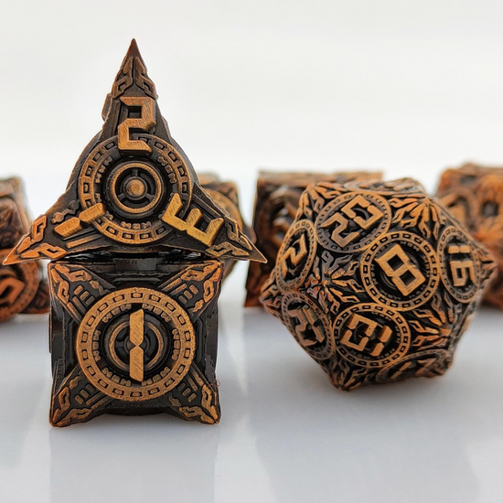 Copper and black Vault Dystopia metal dice detail