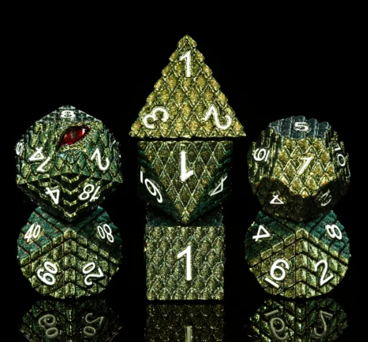 Zyrissa, the Feverleaf Yellow Green seven-piece metal dragon scale dice set with dragon-eye D20