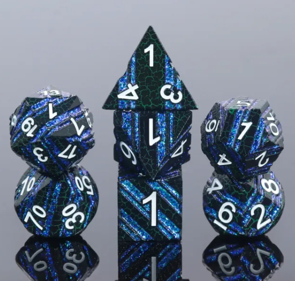 Deepforge black and blue striped seven-piece metal dice set